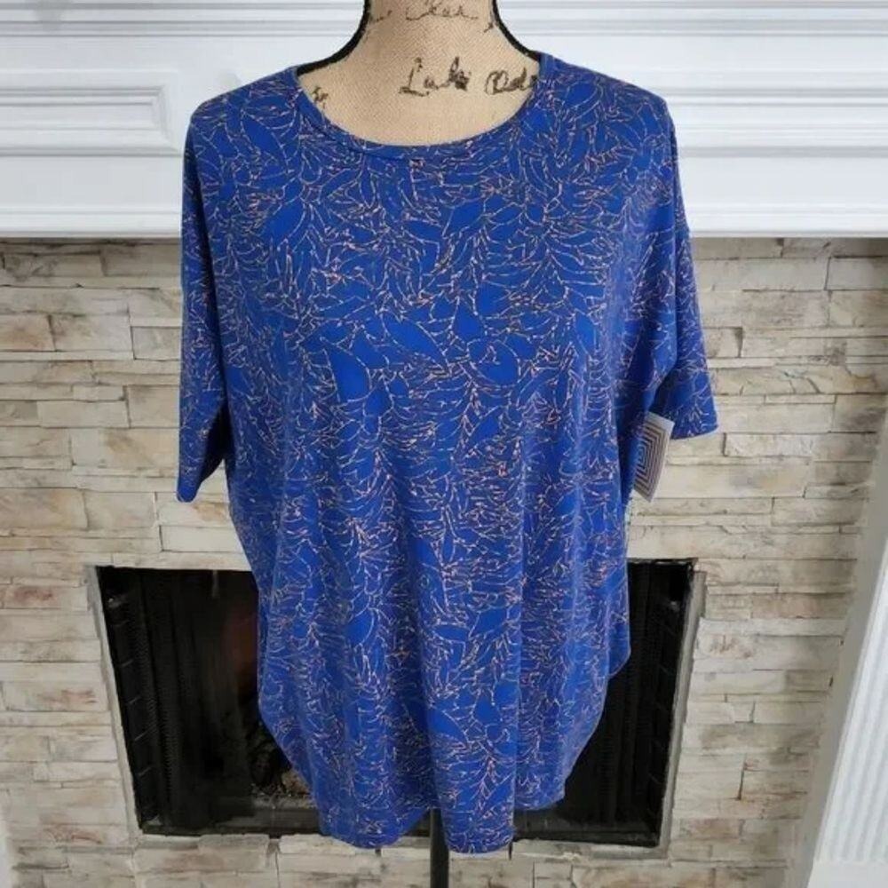 LuLaRoe Irma Tunic Top Blue‎ Gold Abstract Leaf High Low XXS New With Tags